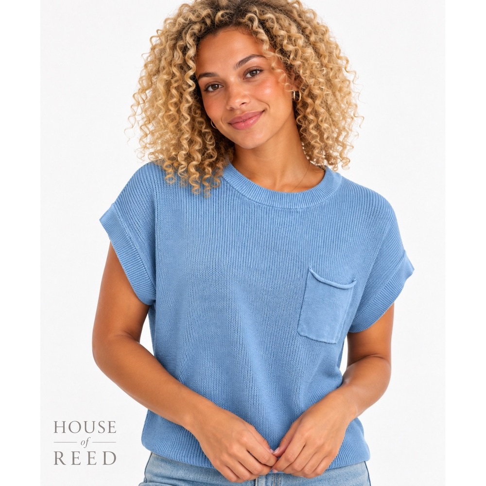 Hudson Gray Blue Short Sleeve Knit Sweater Crew Neck Pocket Top DZ25A756-SET M